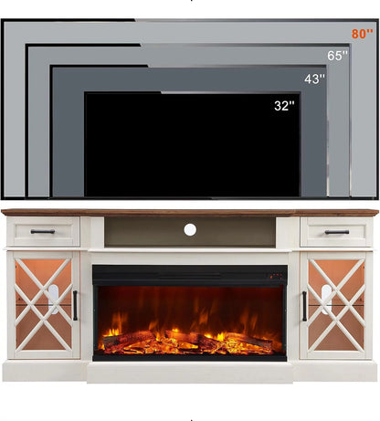 Farmhouse 3-Sided 70" Fireplace TV Stand for 80" Tvs, Entertainment Center with Electric Fireplace and Storage Drawers,Light Rustic Oak