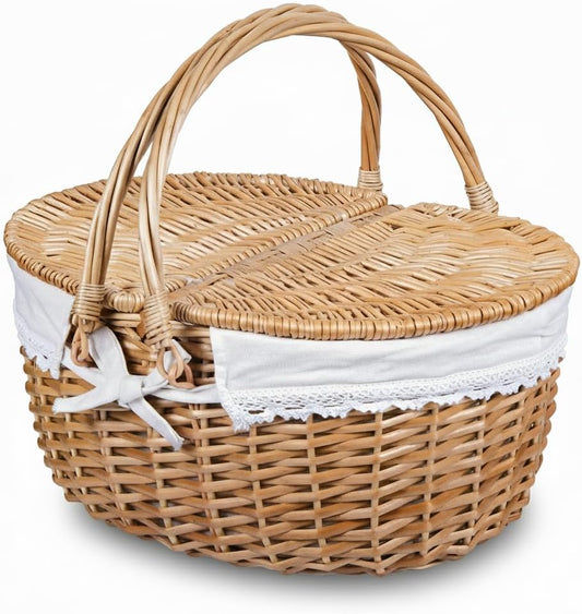 Wicker Picnic Basket with Lid and Handle 15" Sturdy Woven Body with Washable Lining for Easter,Mother'S Day,Outdoor Camping,Not Dyed